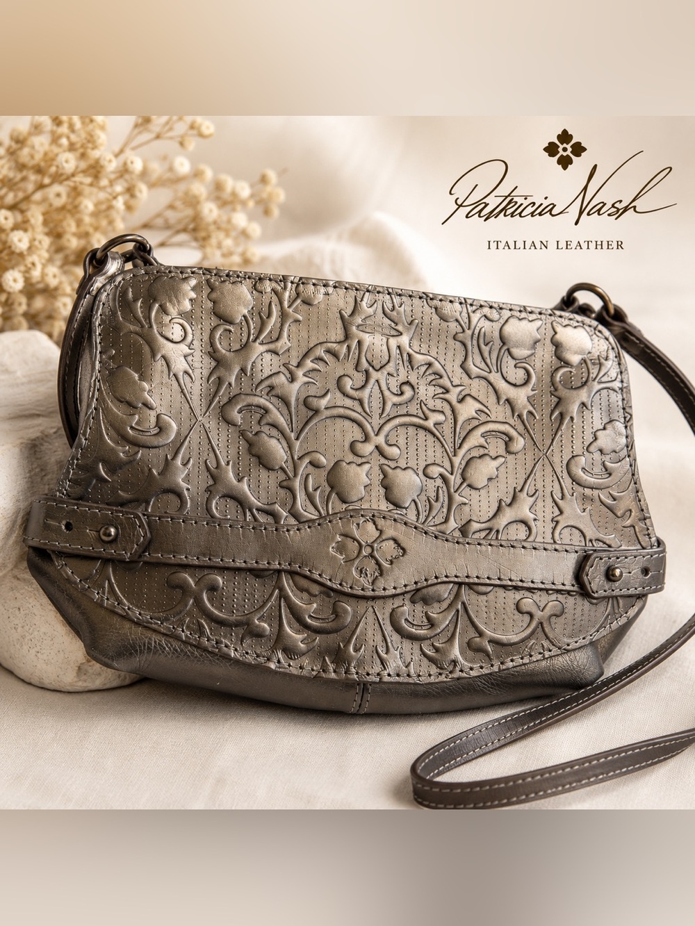 Patricia Nash Vada Frame Handbag Gunmetal Folklore Artesian Tooled Leather Bag